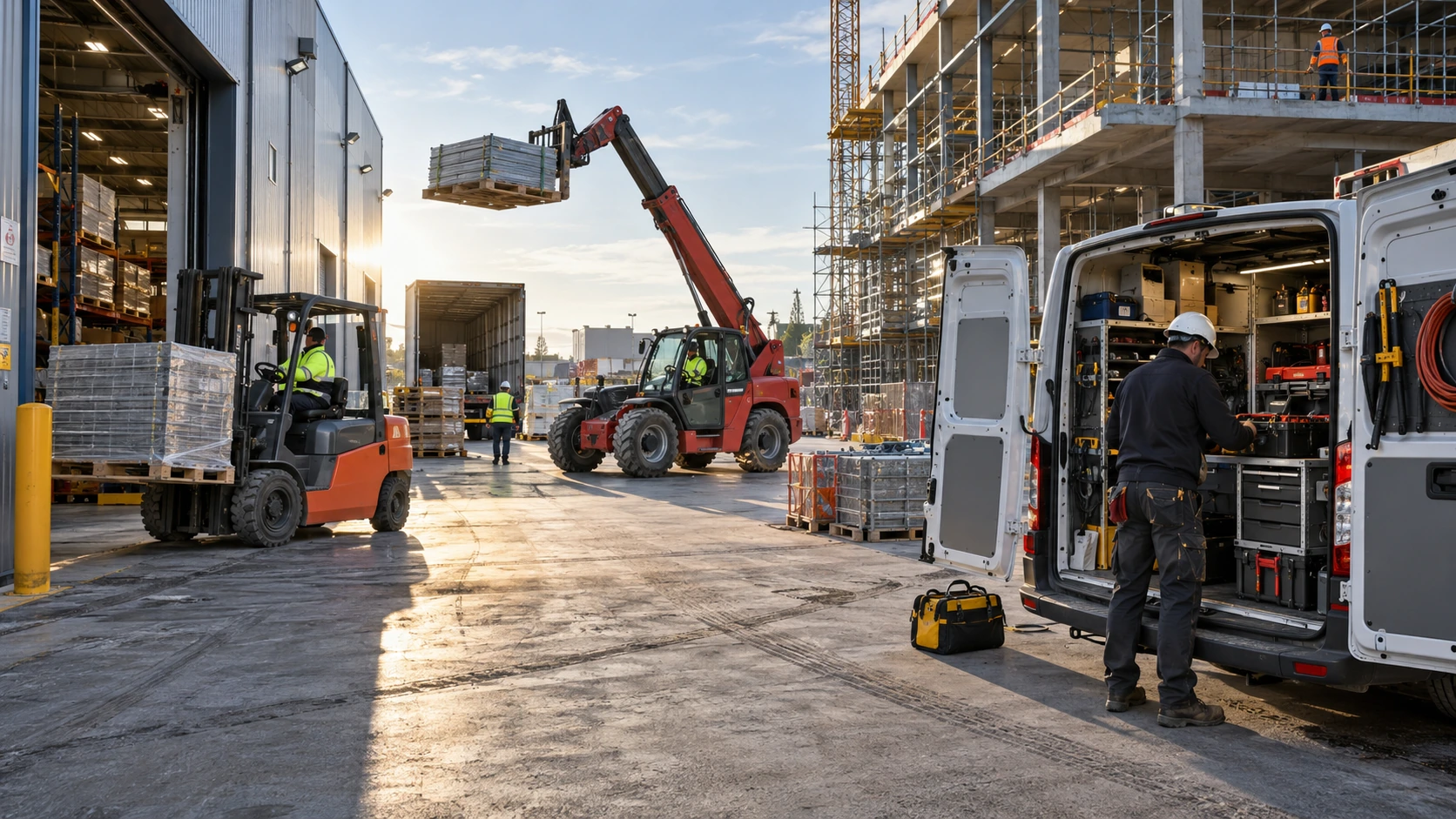 Plusieurs matériels de manutention, d’élévation et de chantier sur le terrain